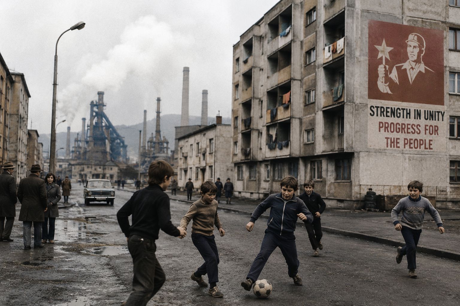 Kids play football in the streets, 1970s